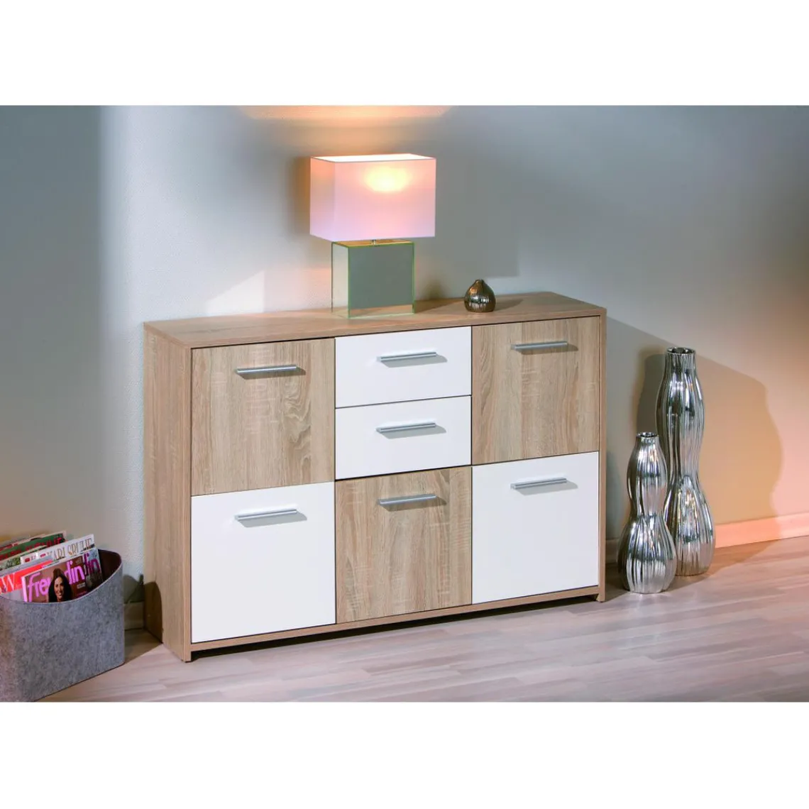 3S. x Home Enfilade de 7 rangements en bois 115 x 30 CM Blanche et Naturelle ELVEZIA Sale