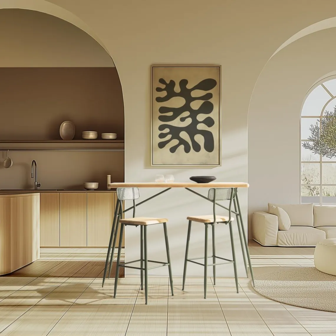 Macabane Ensemble 1 bar avec 2 tabourets pin et métal vert HELENA New