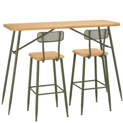 Macabane Ensemble 1 bar avec 2 tabourets pin et métal vert HELENA New