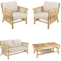 Macabane Ensemble canapé 2 places 2 fauteuils et une 1 table basse BORNEO en teck WILL Blanc Discount