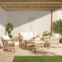 Macabane Ensemble canapé 2 places 2 fauteuils et une 1 table basse BORNEO en teck WILL Blanc Discount