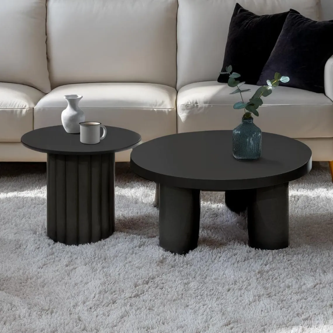 3S. x Home Ensemble de 2 tables basses rondes avec piètement style colonne Storia Noir Clearance