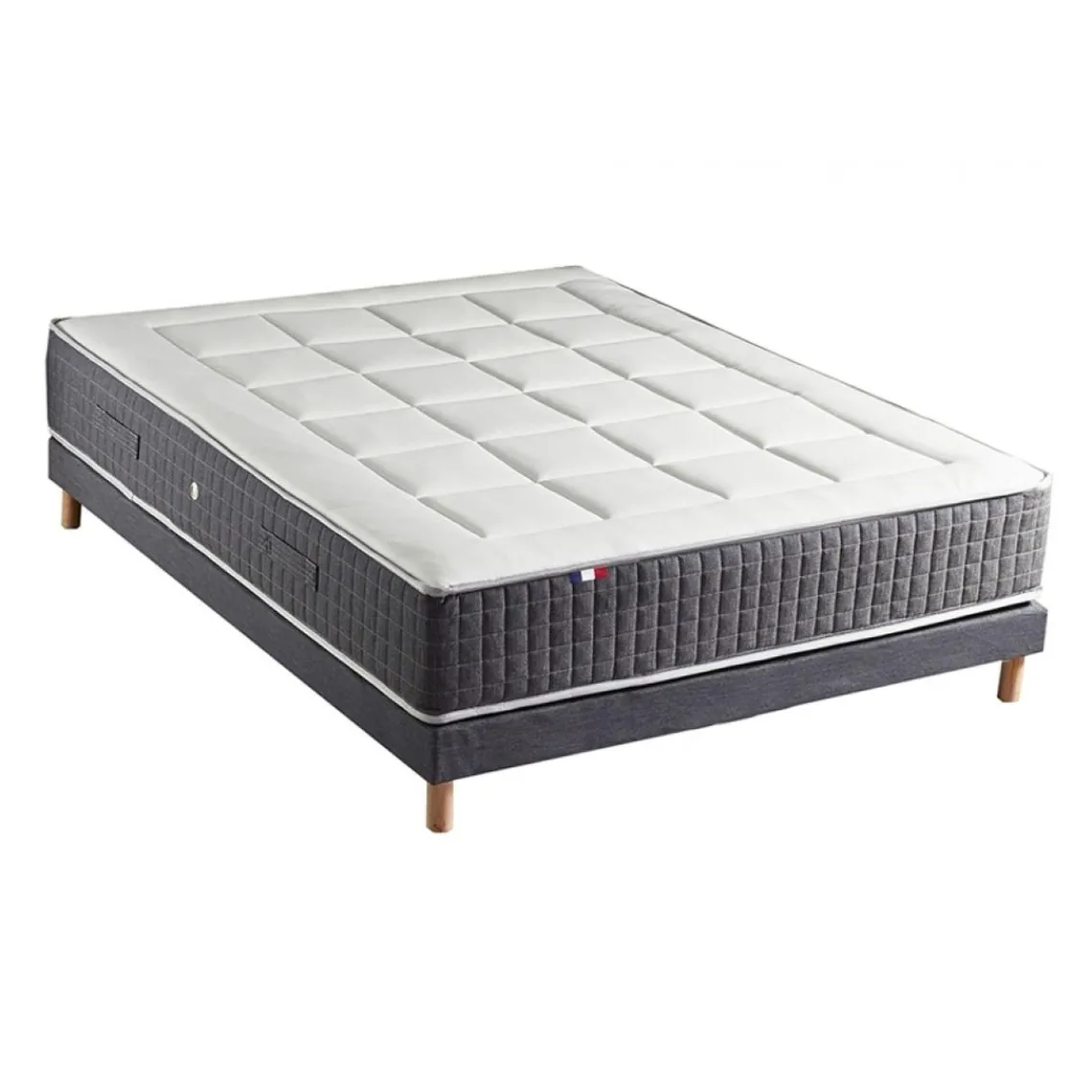 Selenia Ensemble Matelas Ressort 7 Zones KISTO + Mémoire De Forme + Sommier Bleu Denim LEO Fabriqué En France