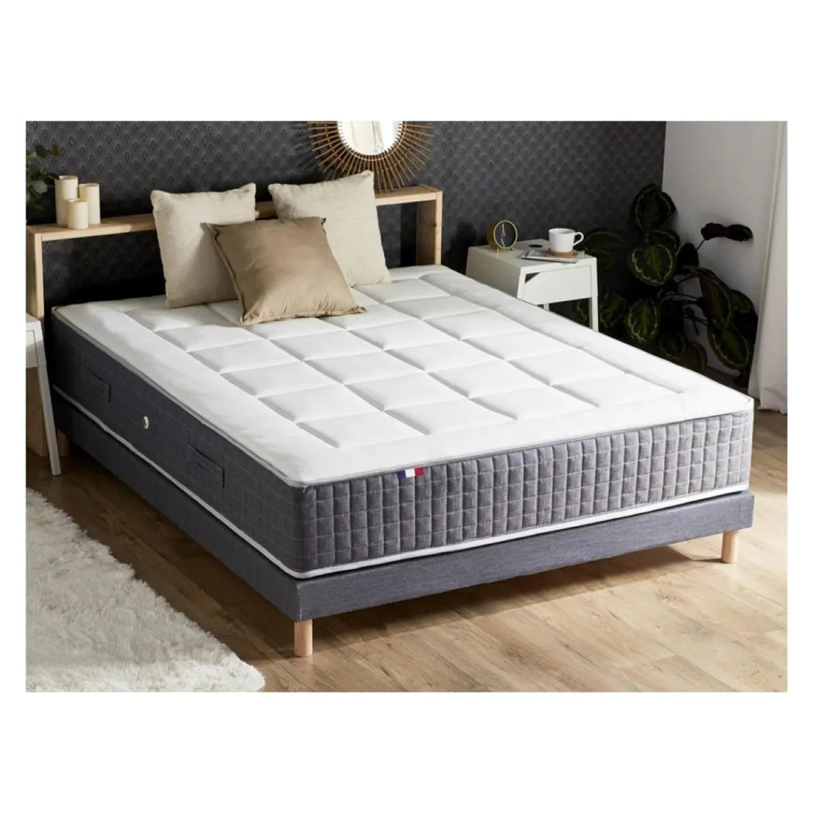 Selenia Ensemble Matelas Ressort 7 Zones KISTO + Mémoire De Forme + Sommier Bleu Denim LEO Fabriqué En France