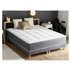 Selenia Ensemble Matelas Ressort 7 Zones KISTO + Mémoire De Forme + Sommier Bleu Denim LEO Fabriqué En France