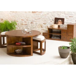 Macabane Ensemble Table Basse Ronde avec 2 Tabourets et Coussins Bois Mindi - EDEN Clearance