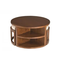 Macabane Ensemble Table Basse Ronde avec 2 Tabourets et Coussins Bois Mindi - EDEN Clearance