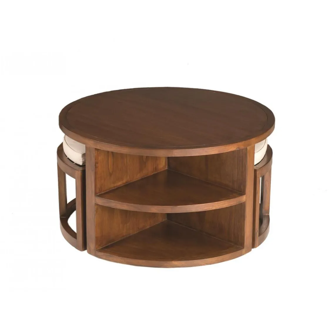 Macabane Ensemble Table Basse Ronde avec 2 Tabourets et Coussins Bois Mindi - EDEN Clearance