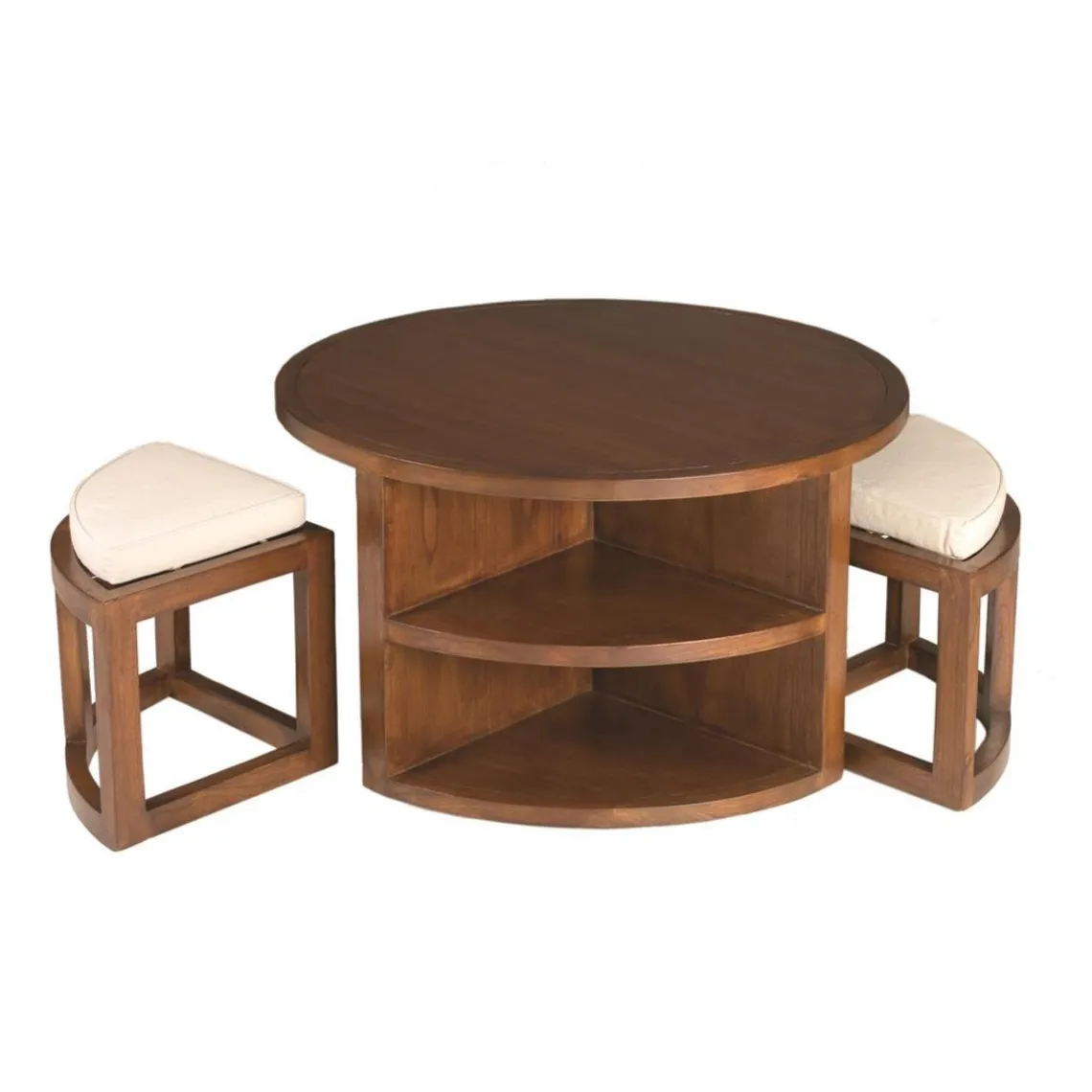 Macabane Ensemble Table Basse Ronde avec 2 Tabourets et Coussins Bois Mindi - EDEN Clearance