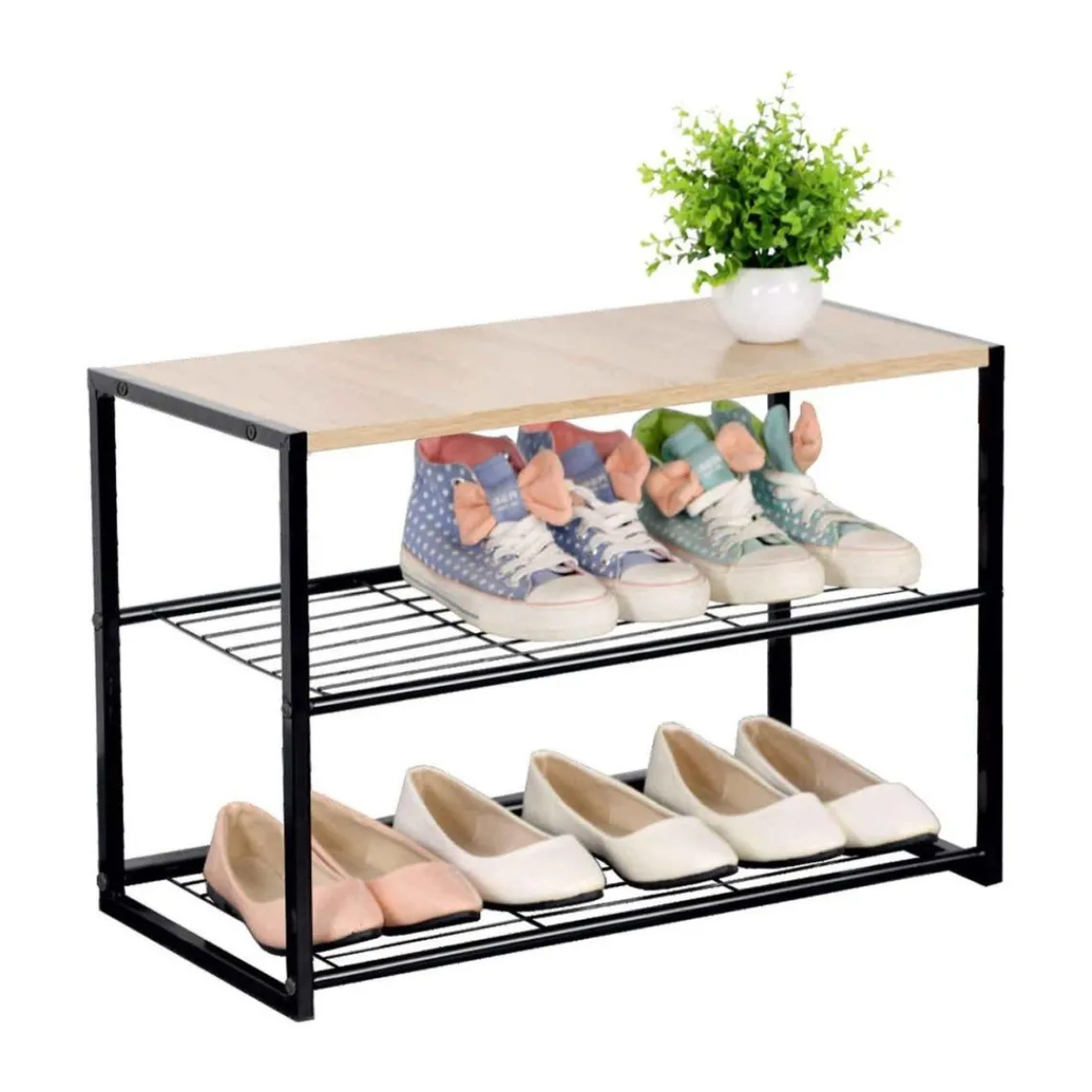 Calicosy Etagère à chaussures 3 niveaux en acier et en bois Beige Clearance