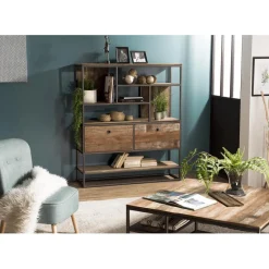 Macabane Etagère 2 Tiroirs Et 7 Niches Bois Teck SIXTINE Recyclé Acacia Mahogany Et Métal Best