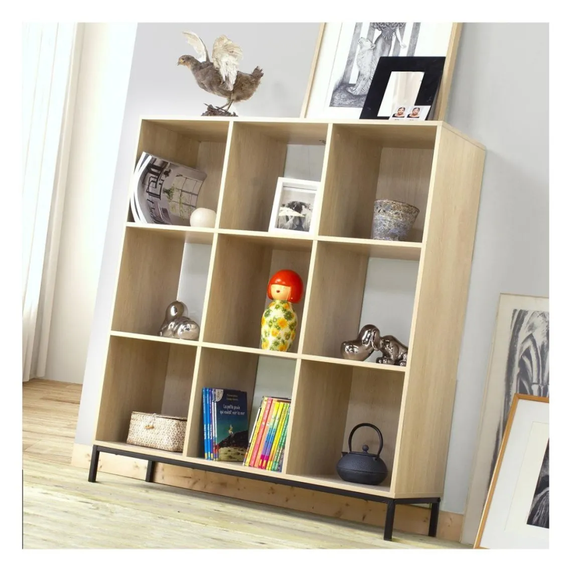 Calicosy Etagère de rangement 9 cases en bois avec pieds métal Clearance