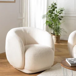 Macabane Fauteuil arrondi en tissu bouclette écru LEOPOLD Beige Best
