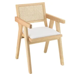 Macabane Fauteuil bois d’Hévéa assise tissu dossier rotin naturel AGATHE Blanc Outlet
