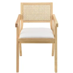 Macabane Fauteuil bois d’Hévéa assise tissu dossier rotin naturel AGATHE Blanc Outlet