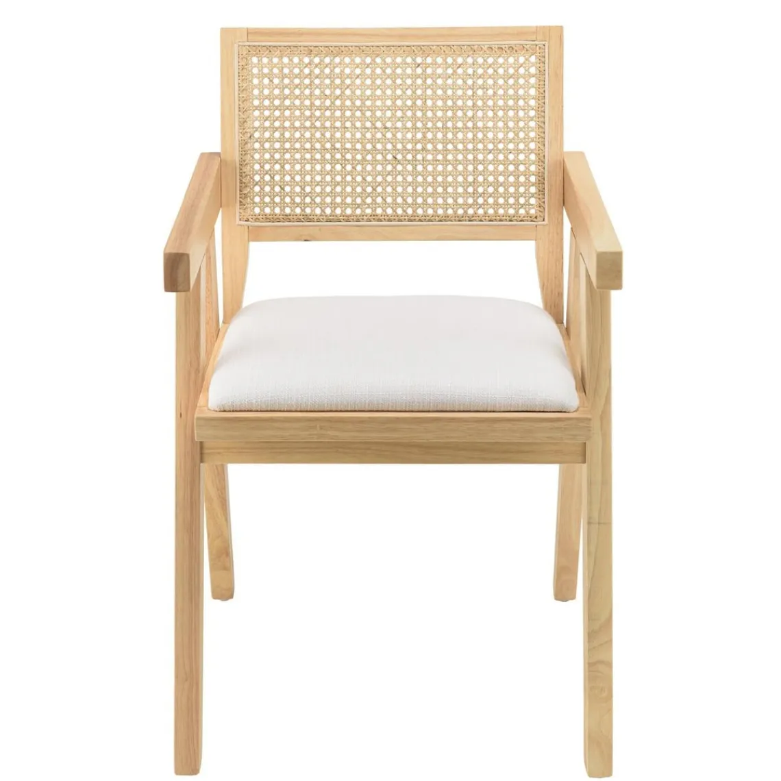 Macabane Fauteuil bois d’Hévéa assise tissu dossier rotin naturel AGATHE Blanc Outlet