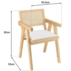 Macabane Fauteuil bois d’Hévéa assise tissu dossier rotin naturel AGATHE Blanc Outlet