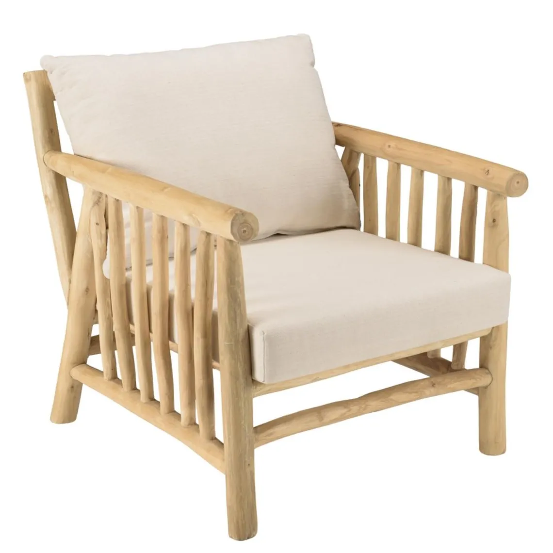 Macabane Fauteuil BORNEO en branches de teck naturel coussins blancs WILL Sale