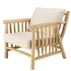 Macabane Fauteuil BORNEO en branches de teck naturel coussins blancs WILL Sale