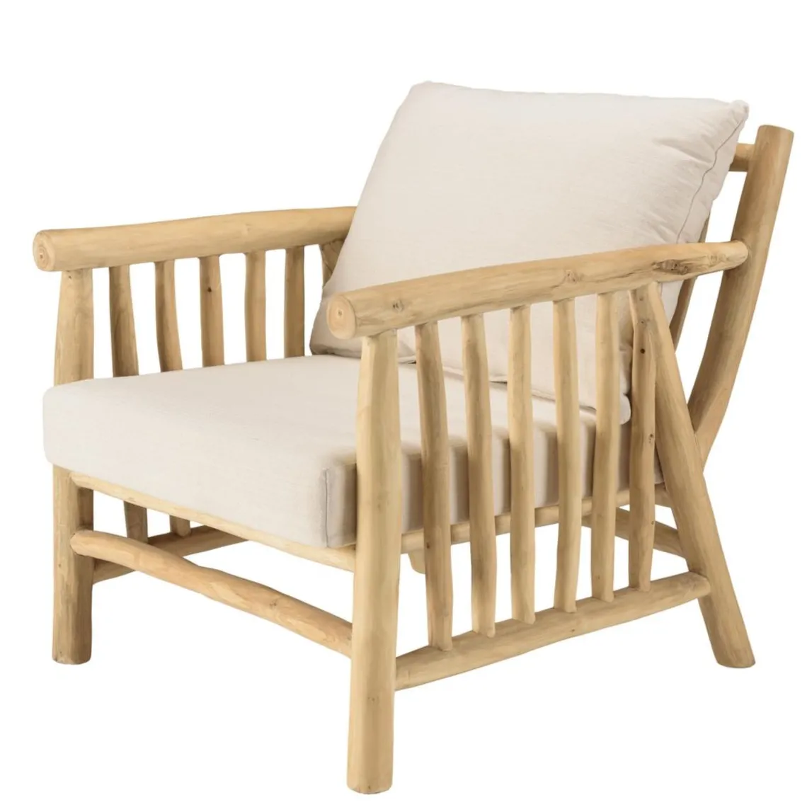 Macabane Fauteuil BORNEO en branches de teck naturel coussins blancs WILL Sale