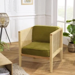 Macabane Fauteuil cannage assise amovible velours vert Discount