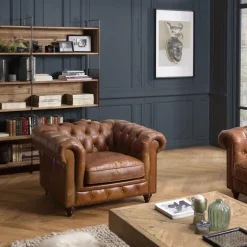 Macabane Fauteuil chesterfield 1 place vintage cuir GASTON