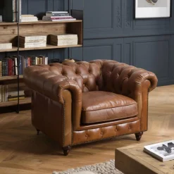 Macabane Fauteuil chesterfield 1 place vintage cuir GASTON