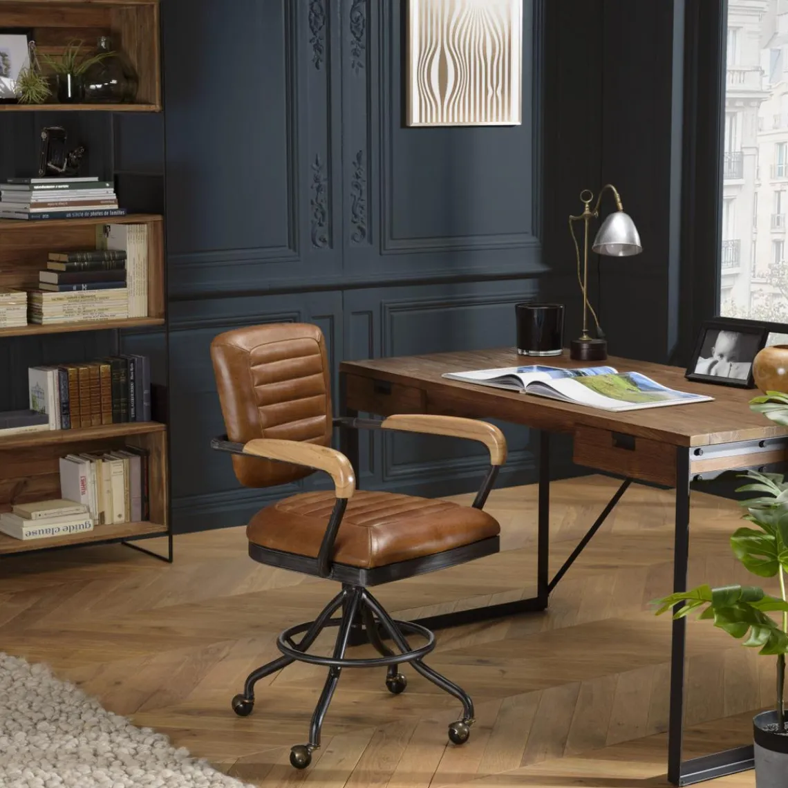 Macabane Fauteuil desk vintage cuir à roulettes GASTON Best