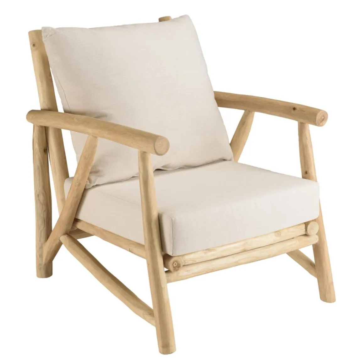 Macabane Fauteuil en branches de teck naturel avec coussins blancs MADURA Discount