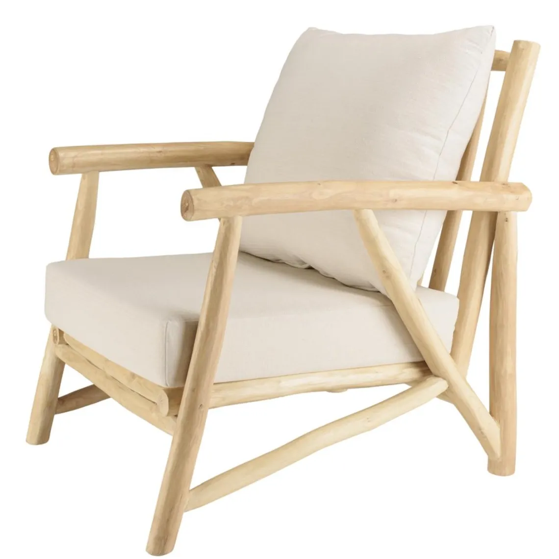 Macabane Fauteuil en branches de teck naturel avec coussins blancs MADURA Discount