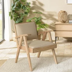 Macabane Fauteuil en Mindi, assise en tissu texturé Beige Outlet