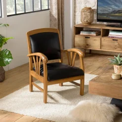 Macabane Fauteuil en teck et cuir style colonial - Noir Best