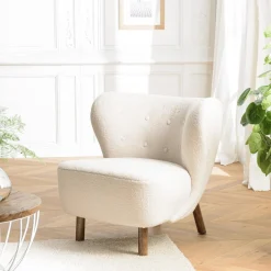 Macabane Fauteuil en tissu bouclette écru, dossier capitonné arrondi GASTON Online