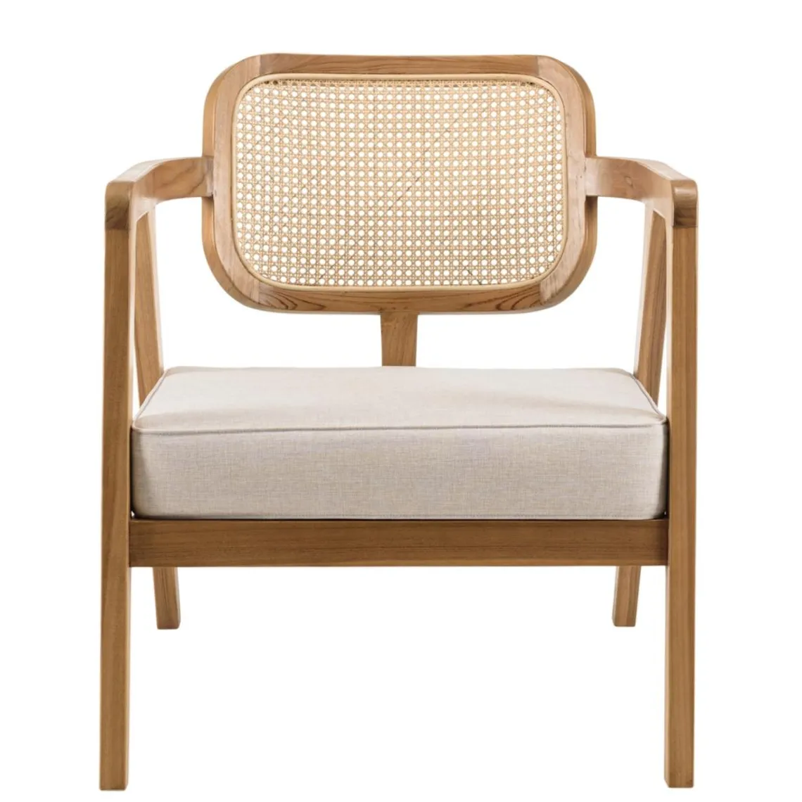 Macabane Fauteuil FLORES en teck avec dossier en cannage naturel et coussin gris WILL Marron New