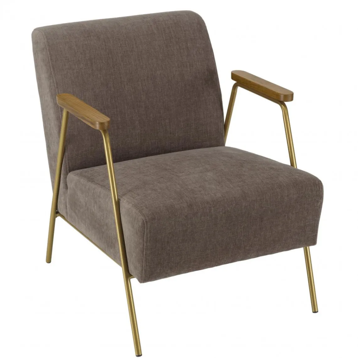 Macabane Fauteuil lounge tissu taupe métal doré accoudoirs bois New