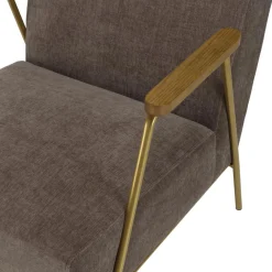 Macabane Fauteuil lounge tissu taupe métal doré accoudoirs bois New