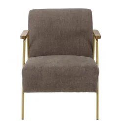 Macabane Fauteuil lounge tissu taupe métal doré accoudoirs bois New