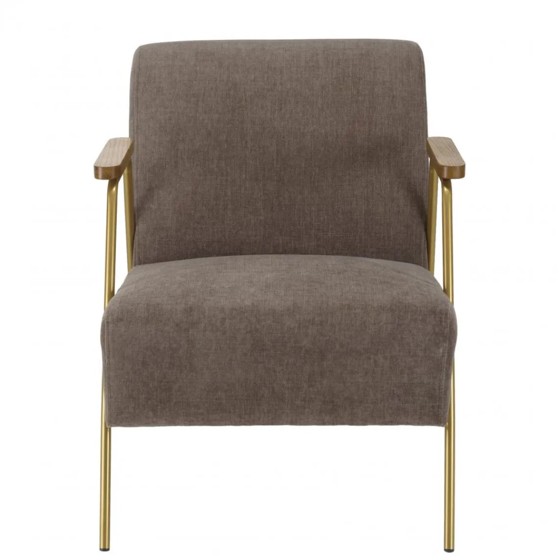 Macabane Fauteuil lounge tissu taupe métal doré accoudoirs bois New