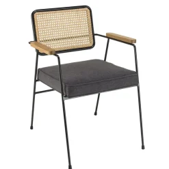 Macabane Fauteuil métal noir assise tissu gris foncé dossier rotin AGATHE Outlet