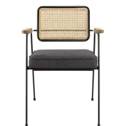 Macabane Fauteuil métal noir assise tissu gris foncé dossier rotin AGATHE Outlet