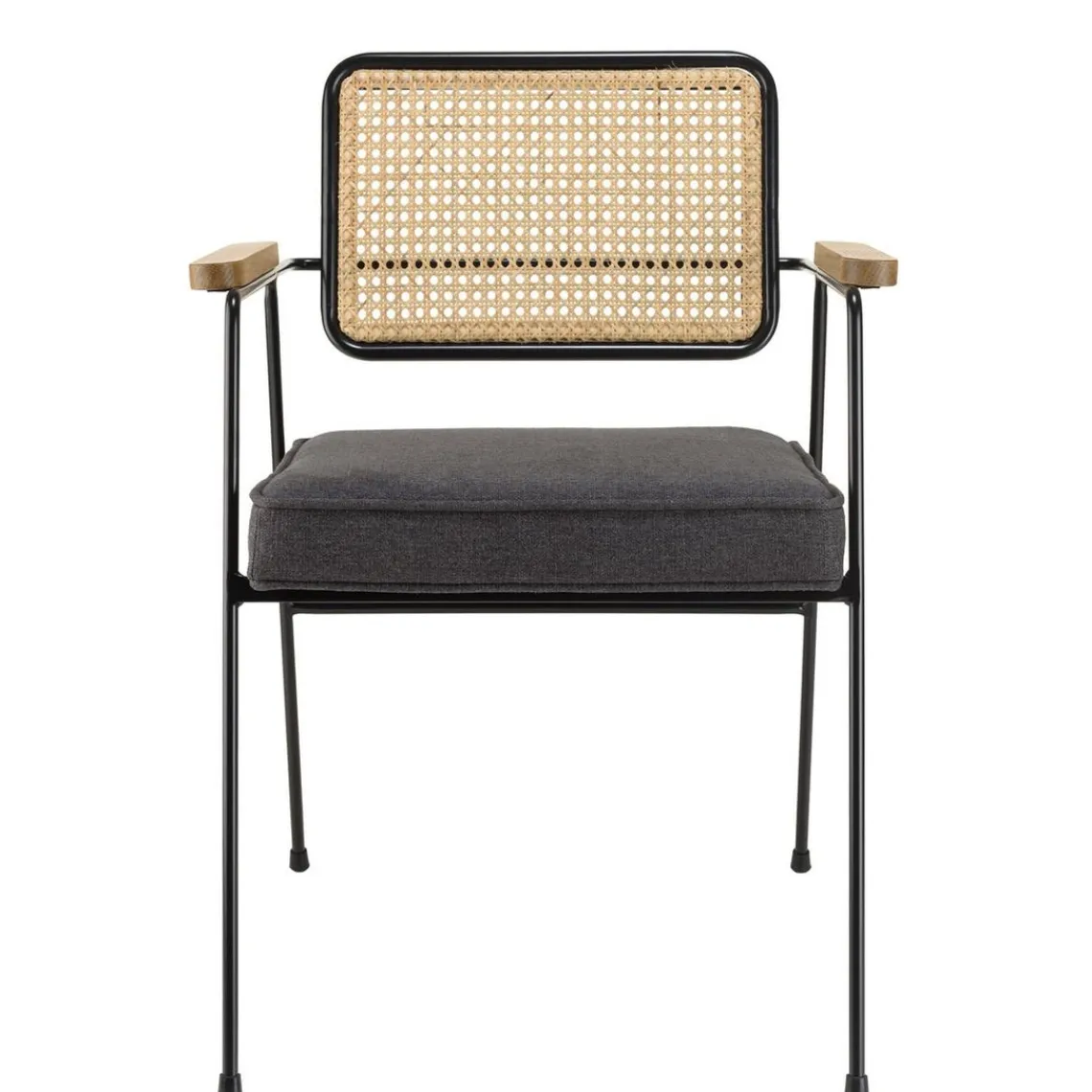 Macabane Fauteuil métal noir assise tissu gris foncé dossier rotin AGATHE Outlet