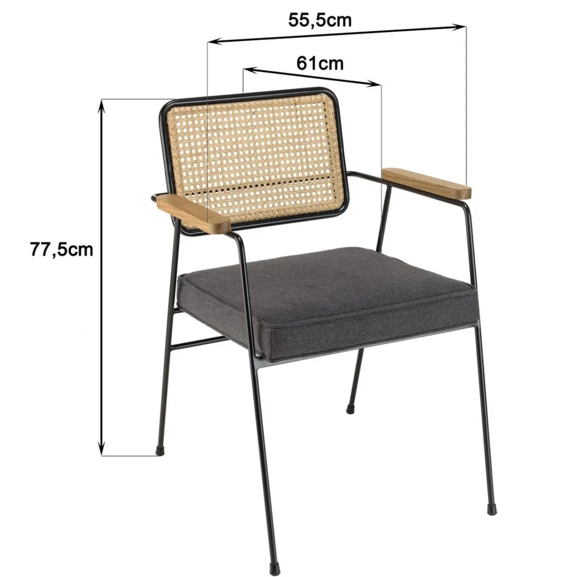 Macabane Fauteuil métal noir assise tissu gris foncé dossier rotin AGATHE Outlet