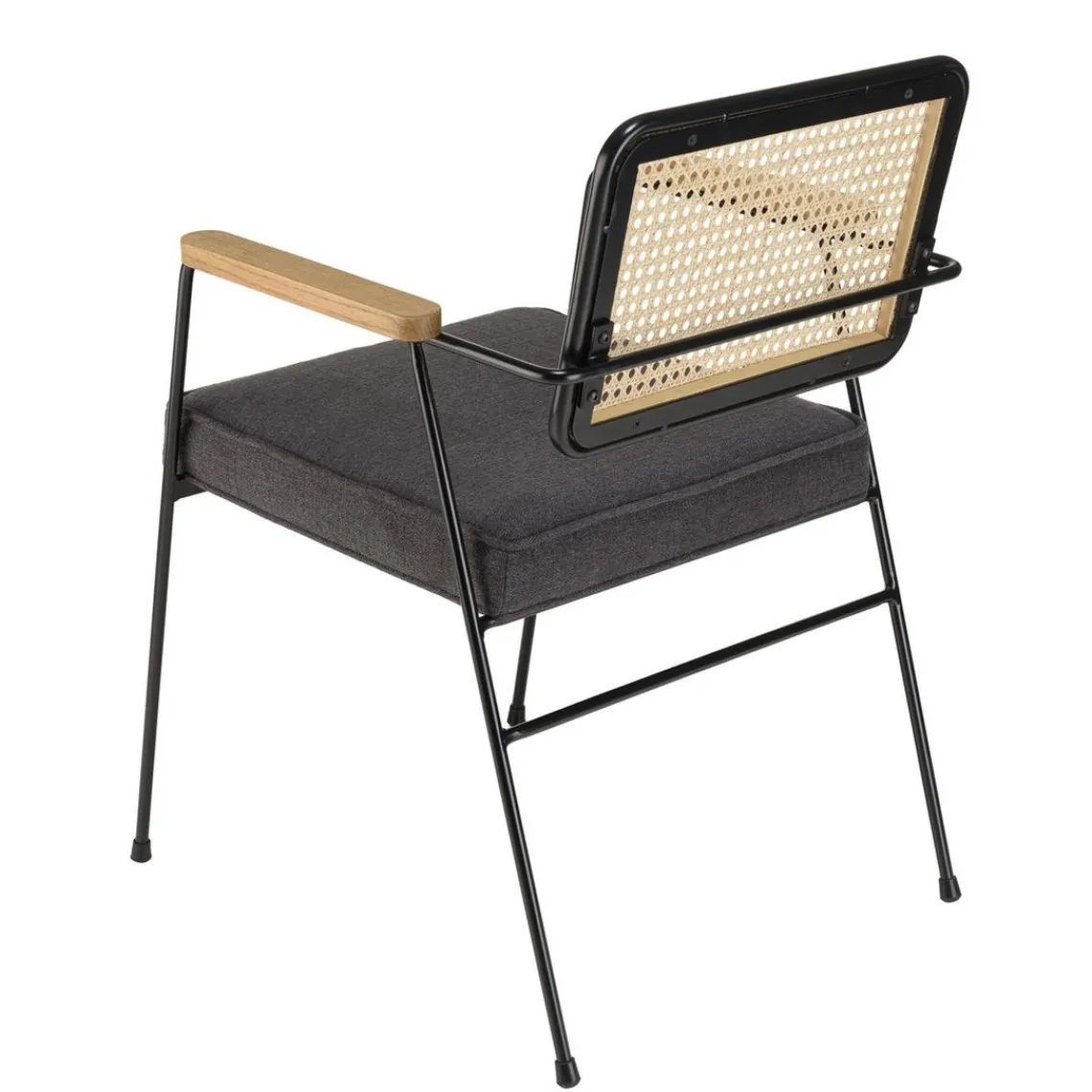 Macabane Fauteuil métal noir assise tissu gris foncé dossier rotin AGATHE Outlet