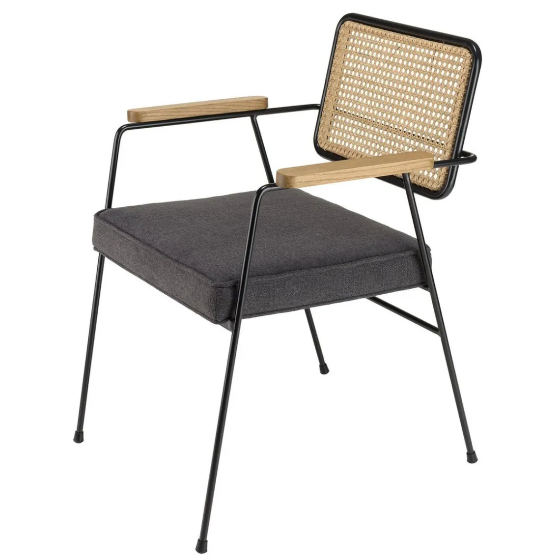 Macabane Fauteuil métal noir assise tissu gris foncé dossier rotin AGATHE Outlet