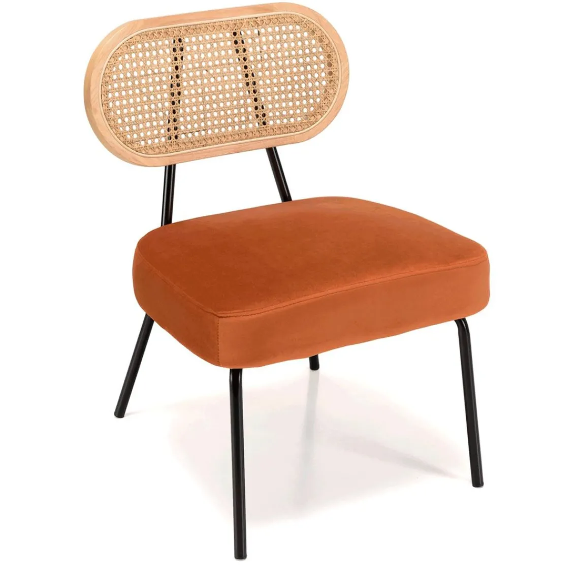 Macabane Fauteuil métal noir assise velours orange ambré dossier rotin Outlet