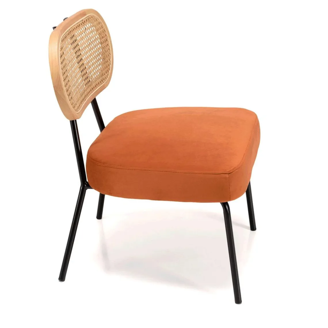 Macabane Fauteuil métal noir assise velours orange ambré dossier rotin Outlet