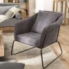 Macabane Fauteuil Tissu AGATHE Velours Cotelé Gris Anthracite Pieds Évasés Métal Hot
