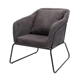 Macabane Fauteuil Tissu AGATHE Velours Cotelé Gris Anthracite Pieds Évasés Métal Hot