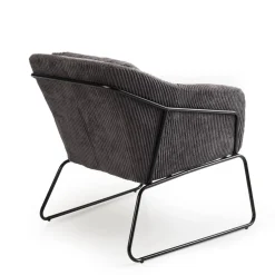 Macabane Fauteuil Tissu AGATHE Velours Cotelé Gris Anthracite Pieds Évasés Métal Hot