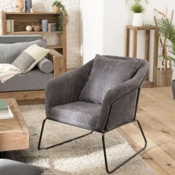 Macabane Fauteuil Tissu AGATHE Velours Cotelé Gris Anthracite Pieds Évasés Métal Hot